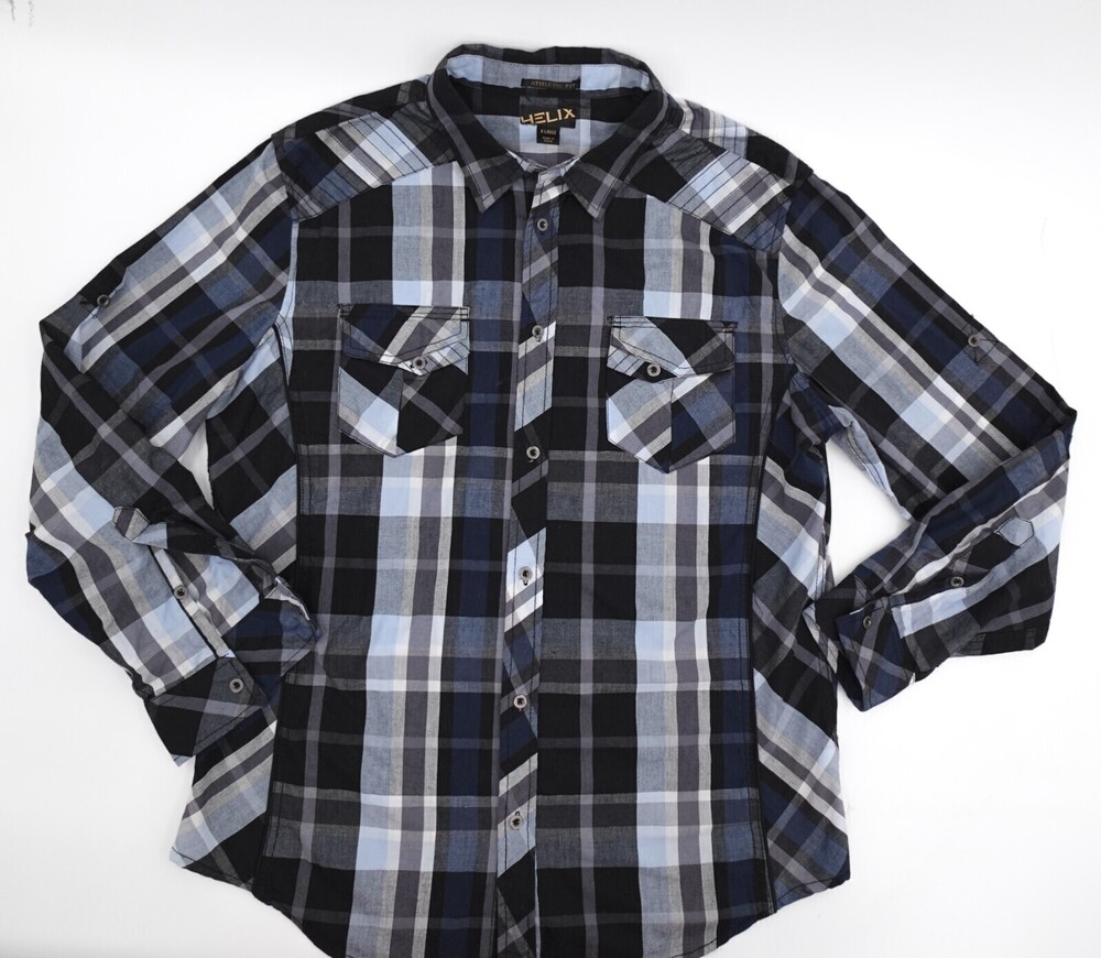 Helix Shirt Mens Extra Large Blue Plaid Long Sleeve Plaid Athletic Fit